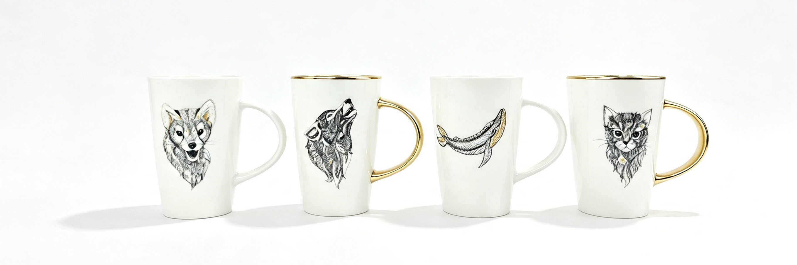 Set of 4 Sketch‑Style Animal Ceramic Mugs, Gold Rim & Gold Handle Coffee Cups