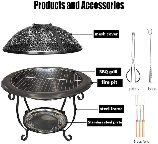 22'' Wood Burning Barbecue Fire Pit For BBQ Grill Backyard Garden Patio Camping Beach