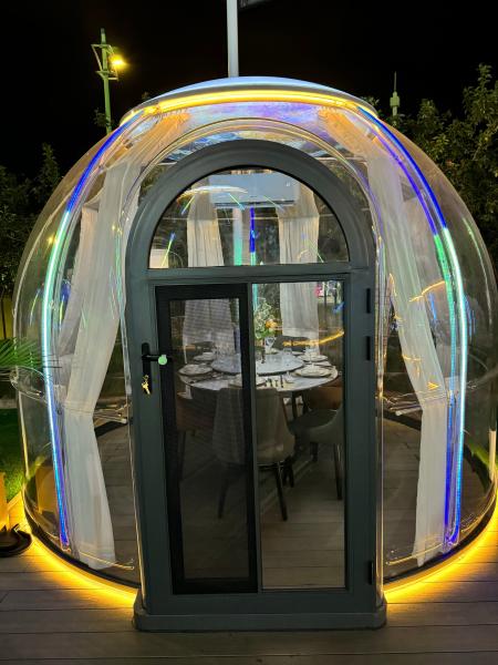 Modern Panoramic PC Dome House Long-Extended Bubble Greenhouse for Outdoor Party Glamping