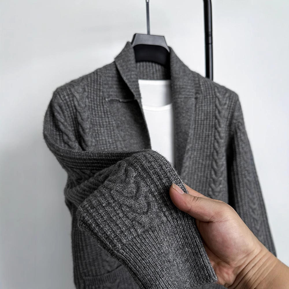 Men's Thick 30% Wool Cable Knit Cardigan Sweater Japanese-Style Retro Twist-Pattern V-Neck
