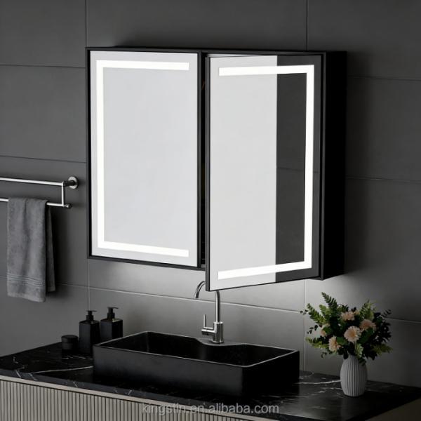 Kingstin Illuminated Bathroom Mirror Cabinet with Multi-Layer Glass Shelves LED Border Lighting Water-Resistant Wall-Mounted
