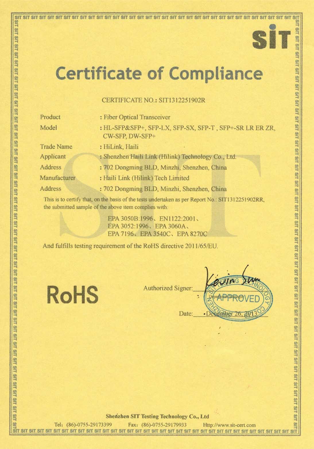 Shenzhen HiLink Technology Co.,Ltd. Сертификации