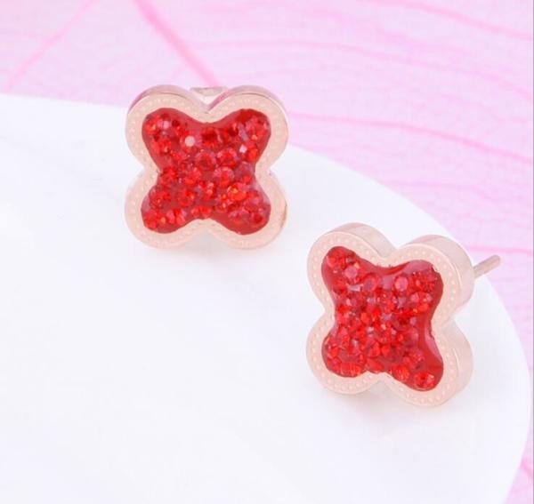 4 Leave Clover Stud Earrings for Girs Stainless Steel Inlaid Red Crystal Earrings  Fashion Jewelry