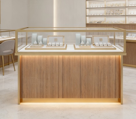 Luxury Front Showcase with Natural Marble Vein Design LED Lighting and Customized Solutions for Jewelry Display