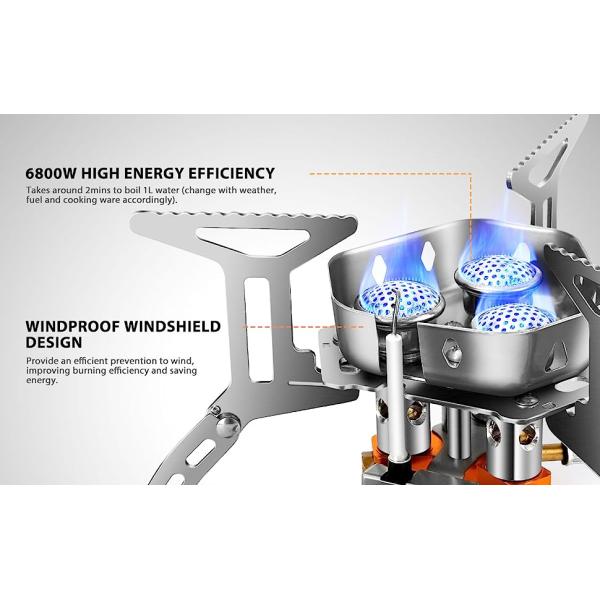 6800W Windproof Camp Stove Camping Gas Stove with Fuel Canister Adapter, Piezo Ignition, Carry Case, Portable