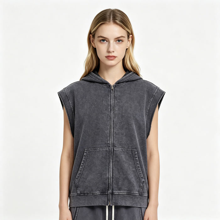 400GSM Hooded Zip Up Vest Vintage Ruin Wash Streetwear Gilet Oversized