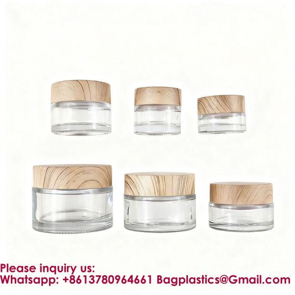 Glass Jars With Lids Clear Small Jars With Plastic Woodgrain Lids, White Labels And Inner Liners Empty Round Cosmetic Containers For Creams Lotions Candle Making (Clear)