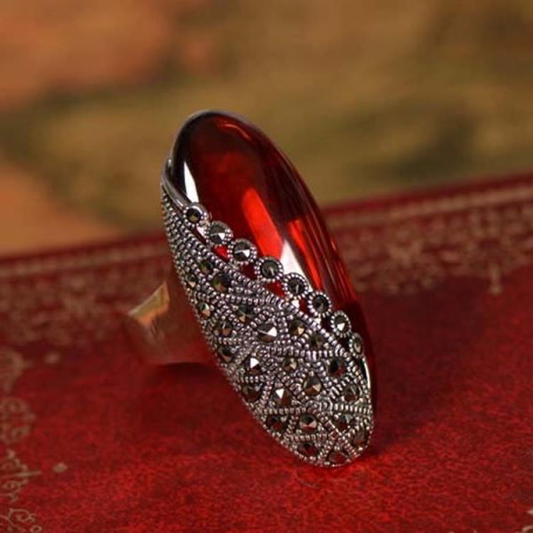 Vintage Sterling Silver Ring with Oval Red Cubic Zirconia and Marcasite(R12283RED)