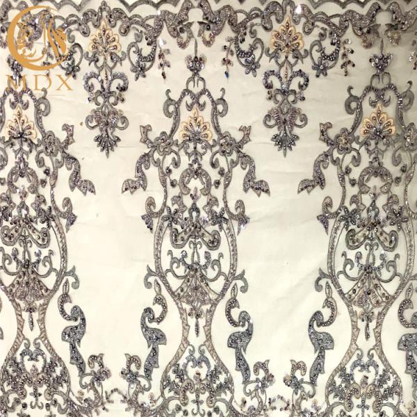 Grey 3D Handmade Beaded Lace Fabric For Lady Wedding