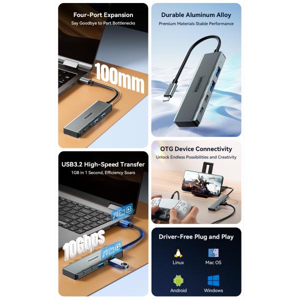 Concentrador USB de 4 puertos de aleación de aluminio 4 en 1 para portátil, tipo C