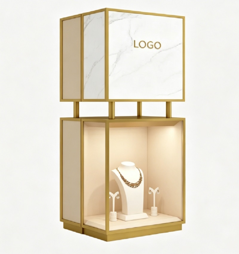 Luxury Gold & Marble Jewelry Display Case, Custom Logo Pedestal Showcase with LED Lighting for Boutiques