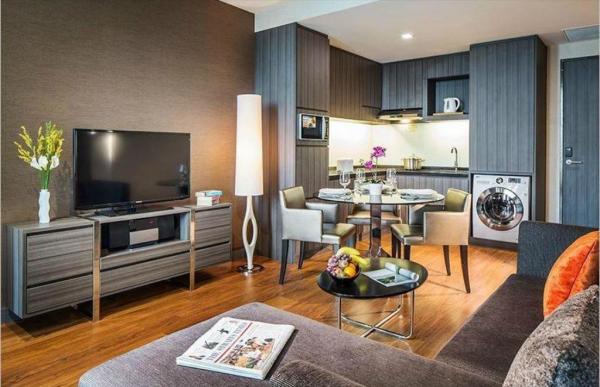 Hotel style apartment interior design of Laminated furniture for Wall mounted cabinet and Upholstered headboard bed