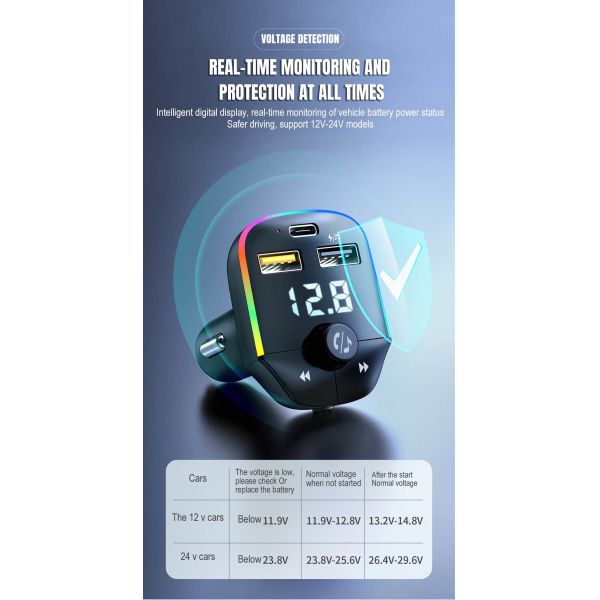LED Display Bluetooth Car FM Transmitter Fast Charging Hands Free Calls