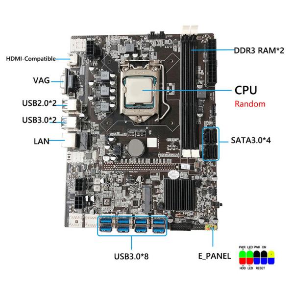 8 GPU Eth Mining PC Motherboard Intel®B75 Cryptocurrency 8 USB3.0 to 8 PCIE 16X