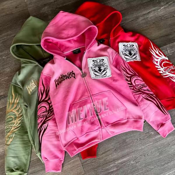 Custom Hoodie Drop Shoulder Acid Wash Vintage Distressed Embroidery Hoodie High Quality French Terry Hoodie