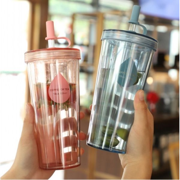 Simple Double-layer Large Capacity Plastic Straw Cup Creative Student Transparent Milk And Juice Water Bottle