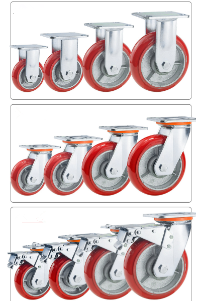 8 Inch Swivel Caster Wheels Heavy Duty Orange PU Castor Wheel Iron Wheels