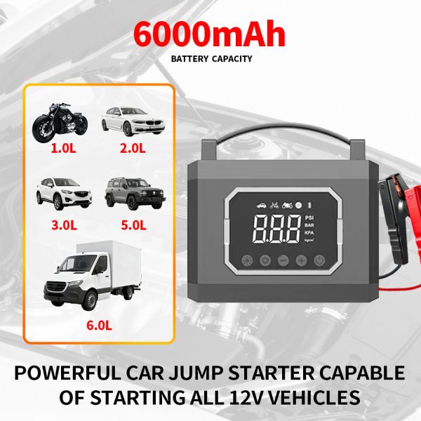 12v 6000mAh 60C Power Jump Starter With Tyre Inflator Mobile Car Battery Booster Portable Air Compressor