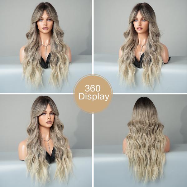 Fashion Long Body Wave Dark Root Hair Two Tone Blonde Synthetic Wigs For Women