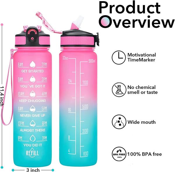 Multicolor Leakproof 32 Oz Water Bottles Motivational With Time Marker