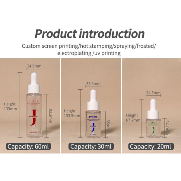 Junjie Packing 20ml 30ml 60ml PET Luxury High Quality Essential Oil Empty Plastic Dropper Bottles for Skincare Cosmetic