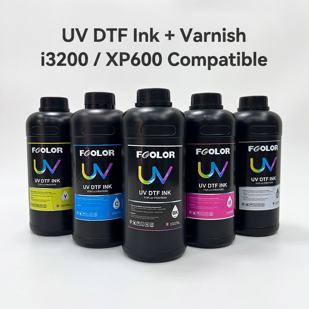FCOLOR Odorless UV DTF Ink Set CMYK W Varnish for Epson I3200 XP600 I1600