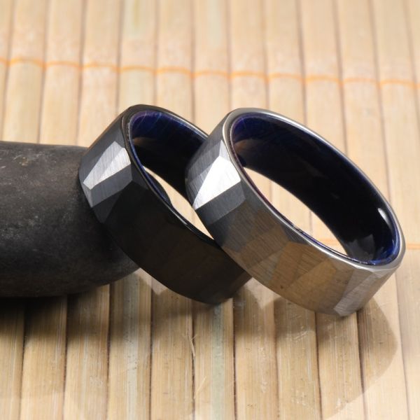 Blue Purple Box Elder Wood Inner Brushed Faceted Styles 8mm Classic Silver or Black Tungsten Ring for Men Wedding Bands