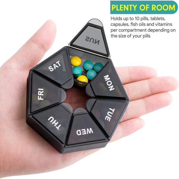 Bolsa de alta calidad Cuadro de organizador de mes Cajas de contenedores Organizadores 7 días Bolso de medicina diferente Caja de píldoras de plástico Negro