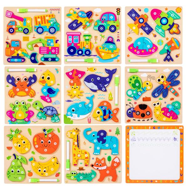 Montessori 4-in-1 Children's Wooden 3d Puzzle Early Education Cartoon Jigsaw With Drawing Board Certified En71 Games for Boys