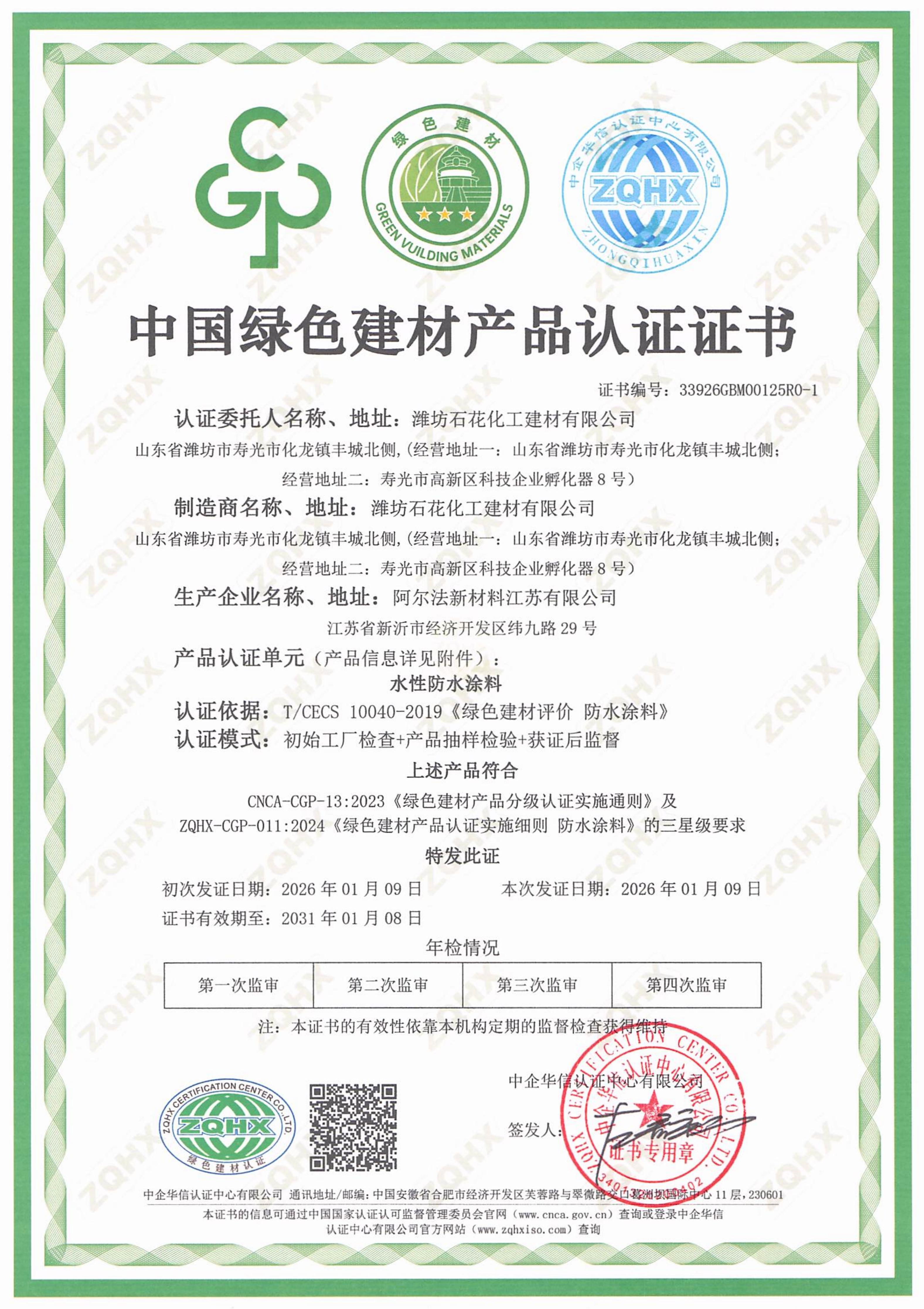 Weifang Shihua Chemical Building Material Co., Ltd. Certifications