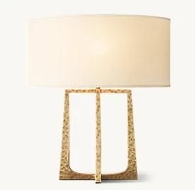 Hammered Iron Base Farmhouse Style Wood LED Table Lamps With White Oval Linen Shade
