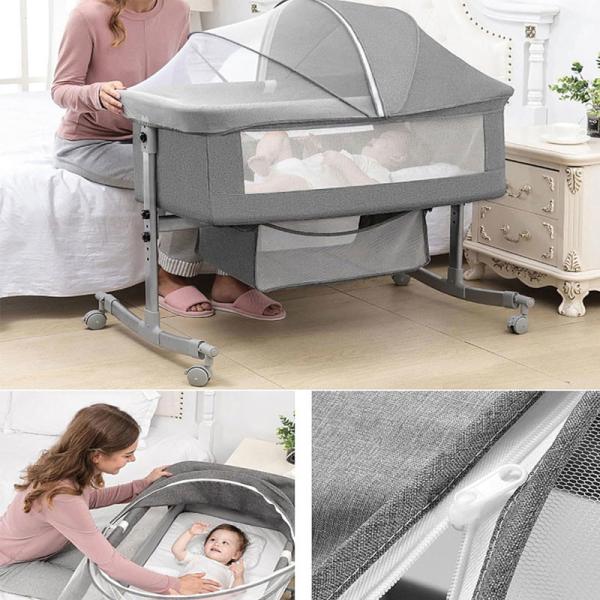 с колесами, кроваткой с матрасом, регулируемой колыбелью, боковой кроватью, с корзиной для хранения, москитной сеткой, складной портативным ребенком