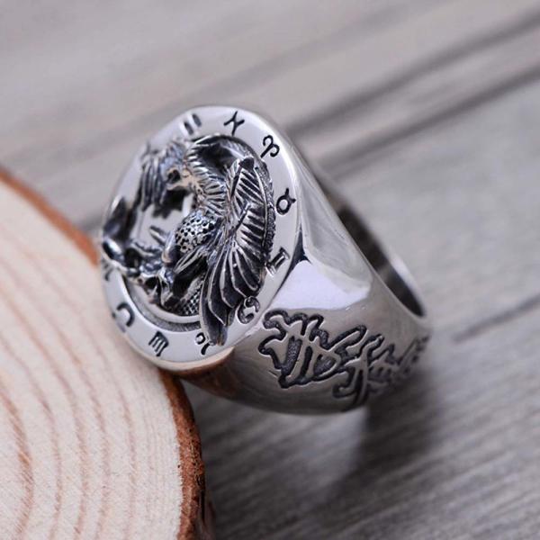 925 Sterling Silver Engraved Rosefinch Taiji Design Vintage Men Ring (057626)