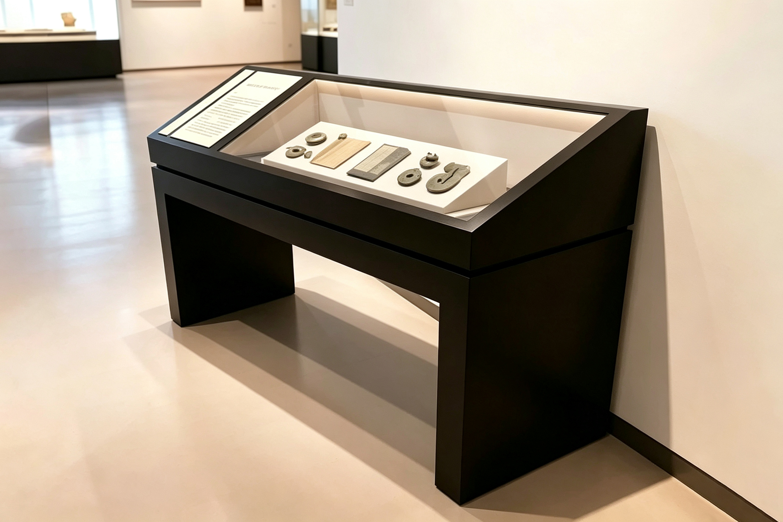 Anti-Glare Low-Iron Glass Museum Display Table With Slanted Top And LED Lighting For Relics