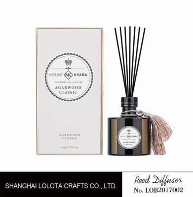 Black round bottle glass reed diffuser with tassel and white rigid gift box