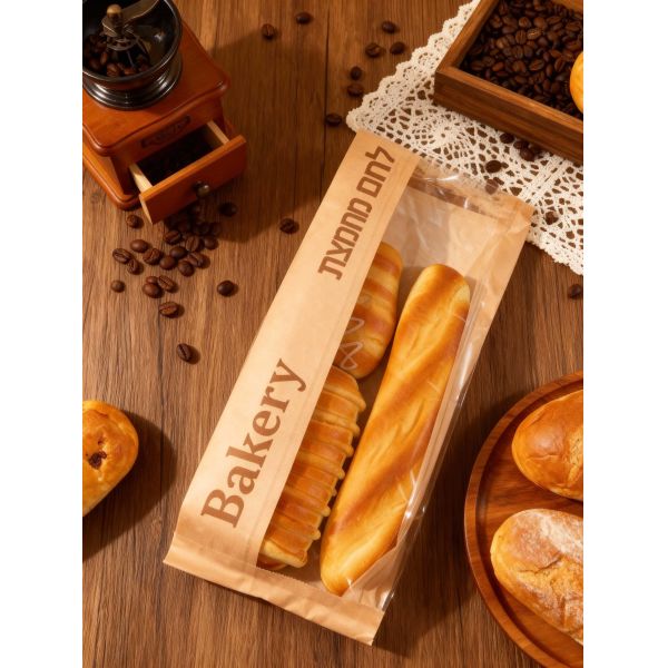 Customized Window Flat Satchel Kraft Paper Bag With Clear  WindowUse For Bakery Bag Bread Bag Food Bag