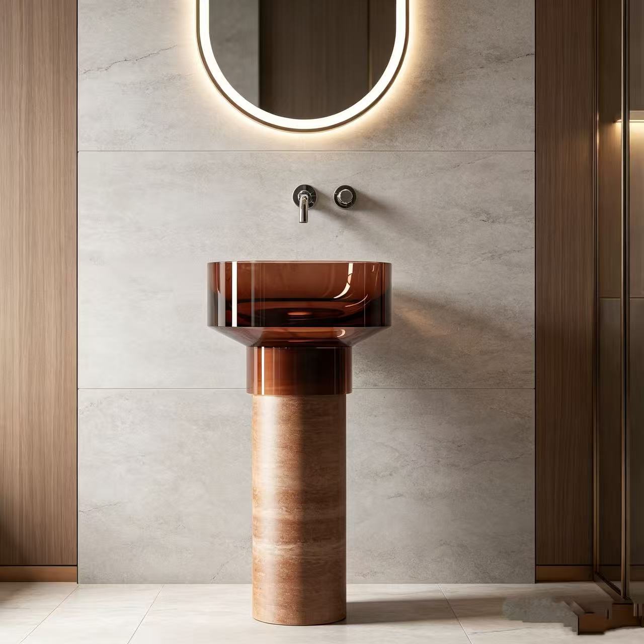Compact Bathroom Pedestal Basin Square Gradient Amber Resin Top OEM