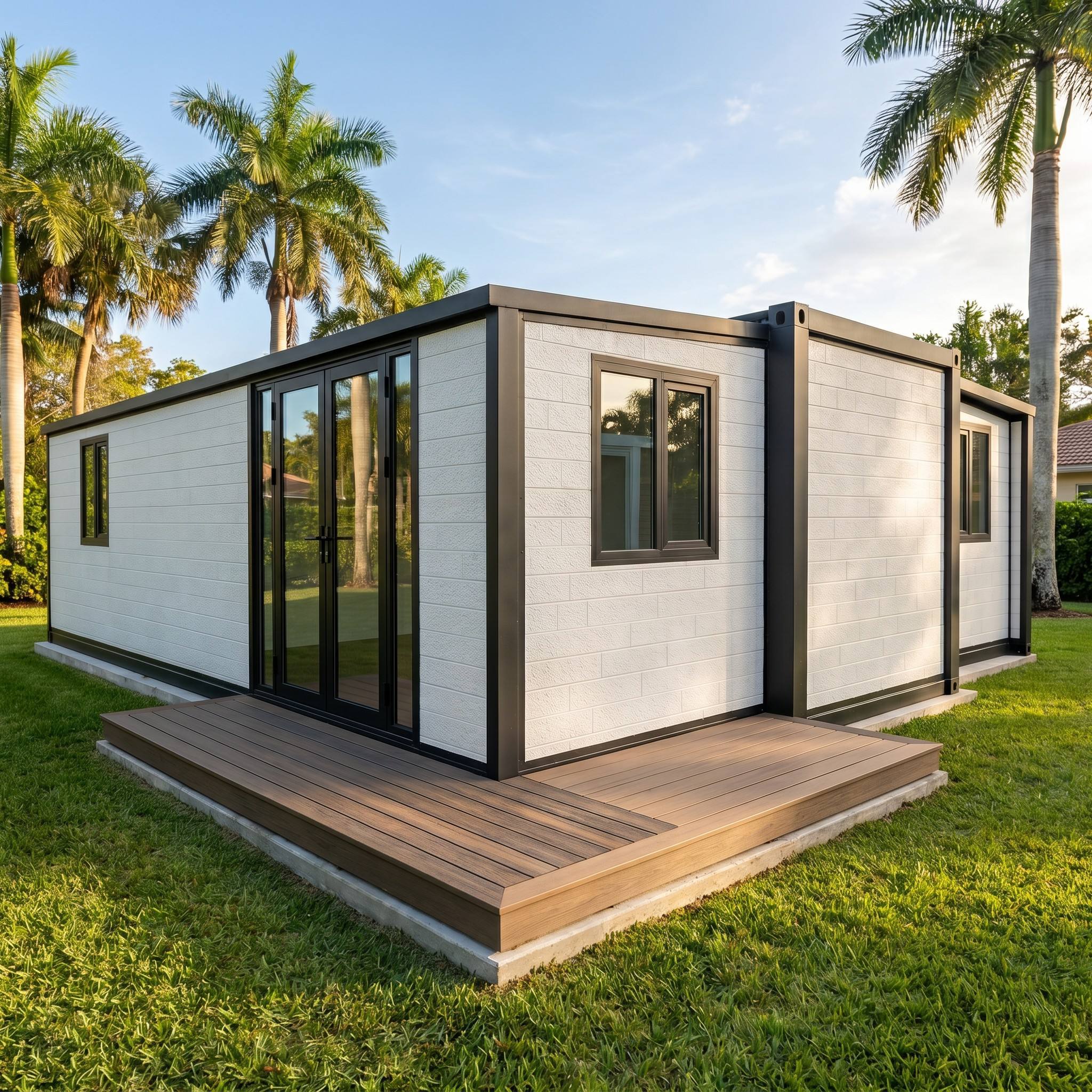 30FT Suburban Estate Expandable Container House – Textured White Block Edition