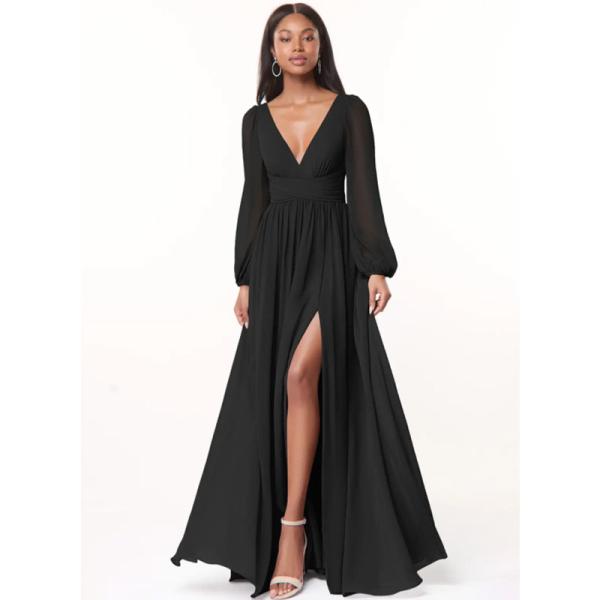 Charming OEM Chiffon Long Bridesmaid Dress A-Line V-Neck Long Sleeves Front Split Slit Backless Ruffles