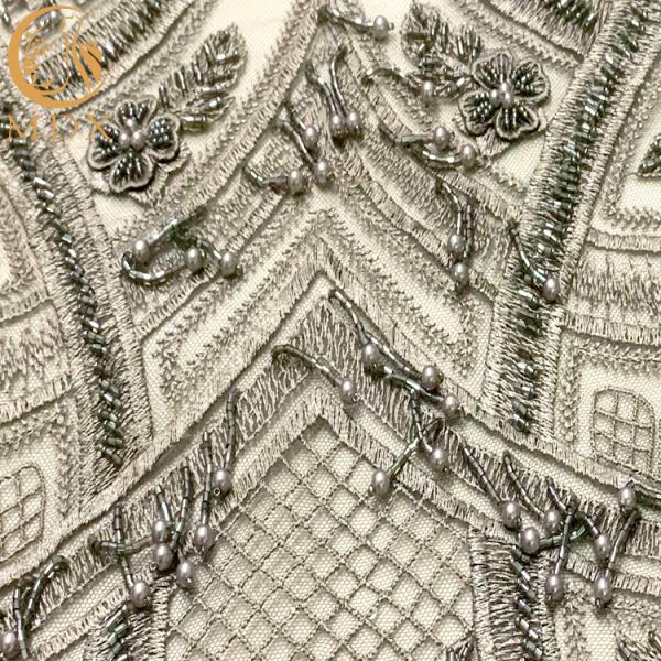 Beaded Sequin 3D Embroidery Lace Fabric Grey Tulle For Dress