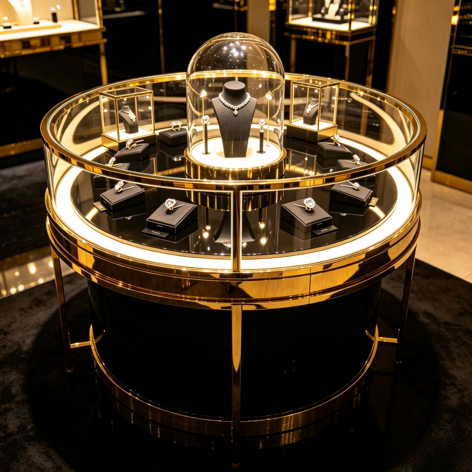 Luxurious Jewelry Display Case with LED Lighting, Glass Top, and Eco-Friendly Materials for Retail Stores