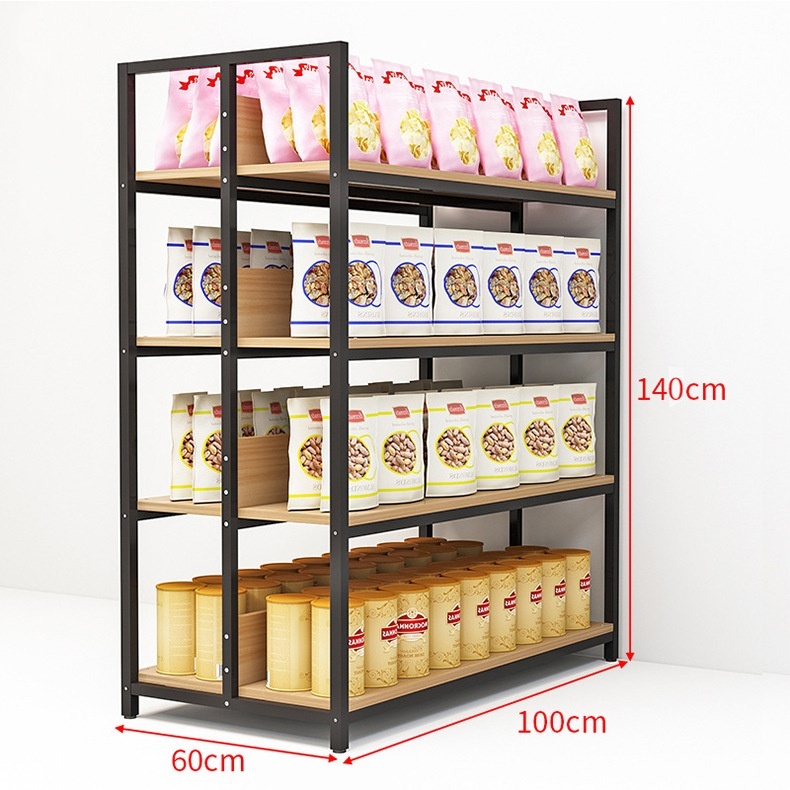 140CM Standing Type Black Aluminum Retail Display Shelves Custom Wood Storage Solutions for Shop Food Storage
