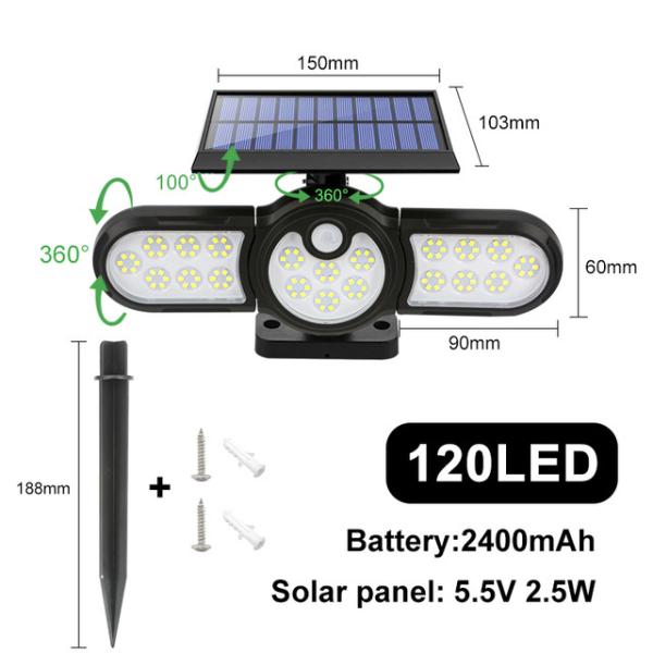2400mAh 120LED USB Rechargeable Motion Sensor Light Three Head 140COB