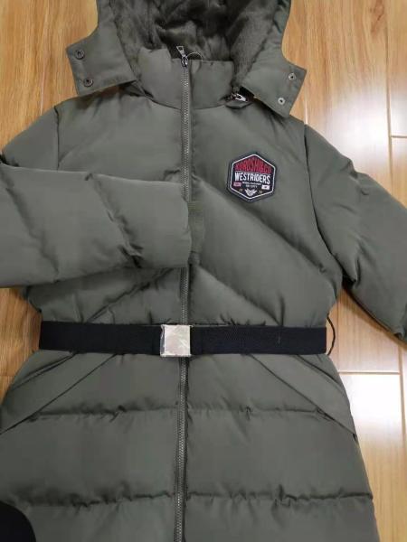 Polyester Womens Long Padded Coat With Hood Belt Zips Long Puffer Fur Hood