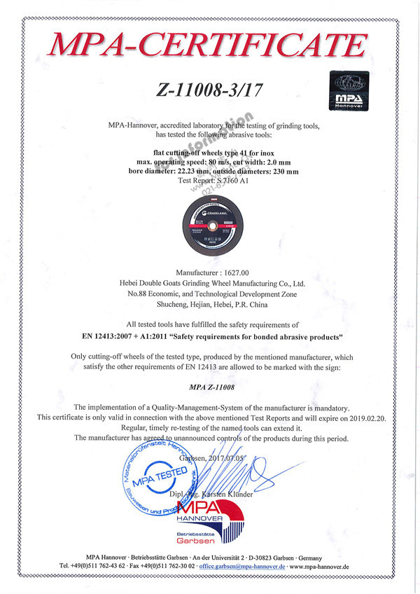 Hebei Double Goats Grinding Wheel Manufacturing Co., Ltd Сертификации