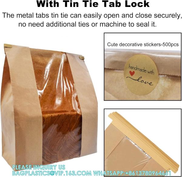 Large Kraft Paper Bread Bags Homemade Bread Loaf Bags 14 X 8.3 X 3.5 With Tin Tie Tab Lock Clear Front Window