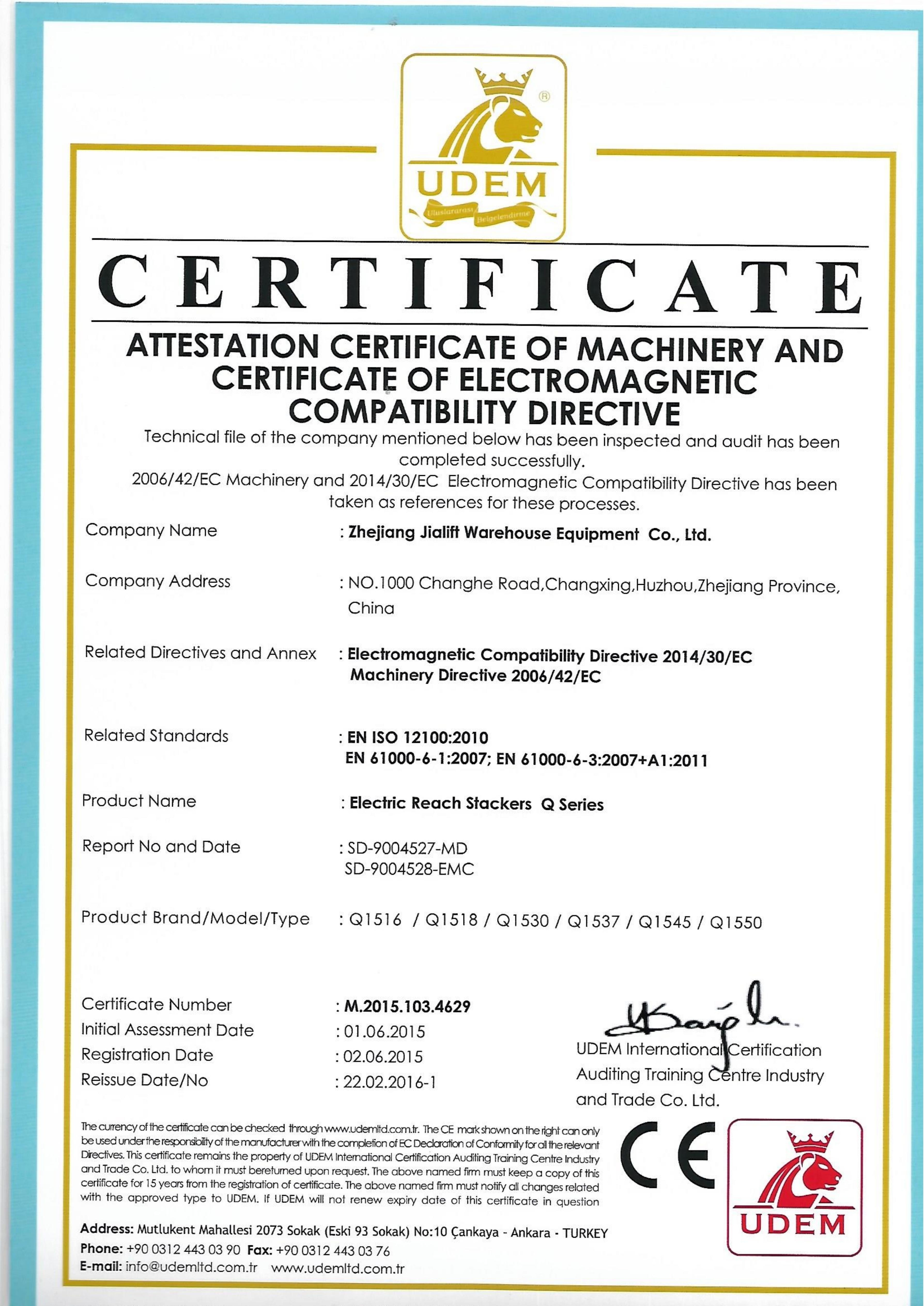 Zhejiang Jialift Warehouse Equipment Co., Ltd. Сертификации