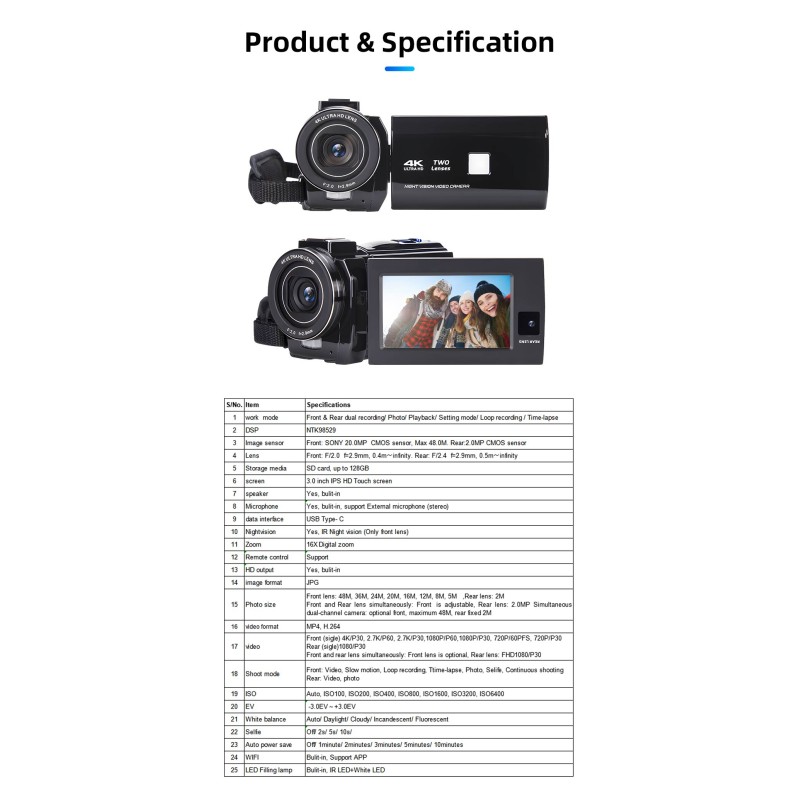 OEM/ODM 4k Dual Lens Digital Video Camera 48mp Camcorder for Youtube Vlogging with Wifi Digital Camera Recorder