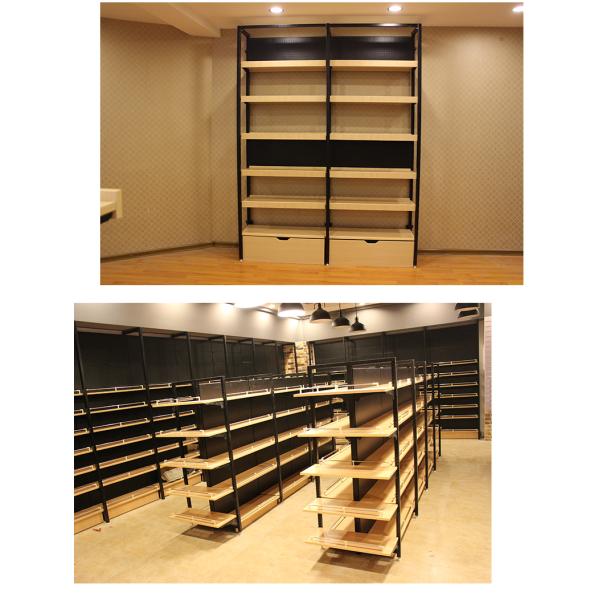 Cold Rolled Steel Supermarket Shelving Wood Gondola Shelving Classic Style