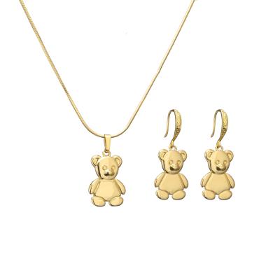 Bear S925 Sterling Silver Jewelry Gold Plated Glossy Dangle Earrings And Necklace Set